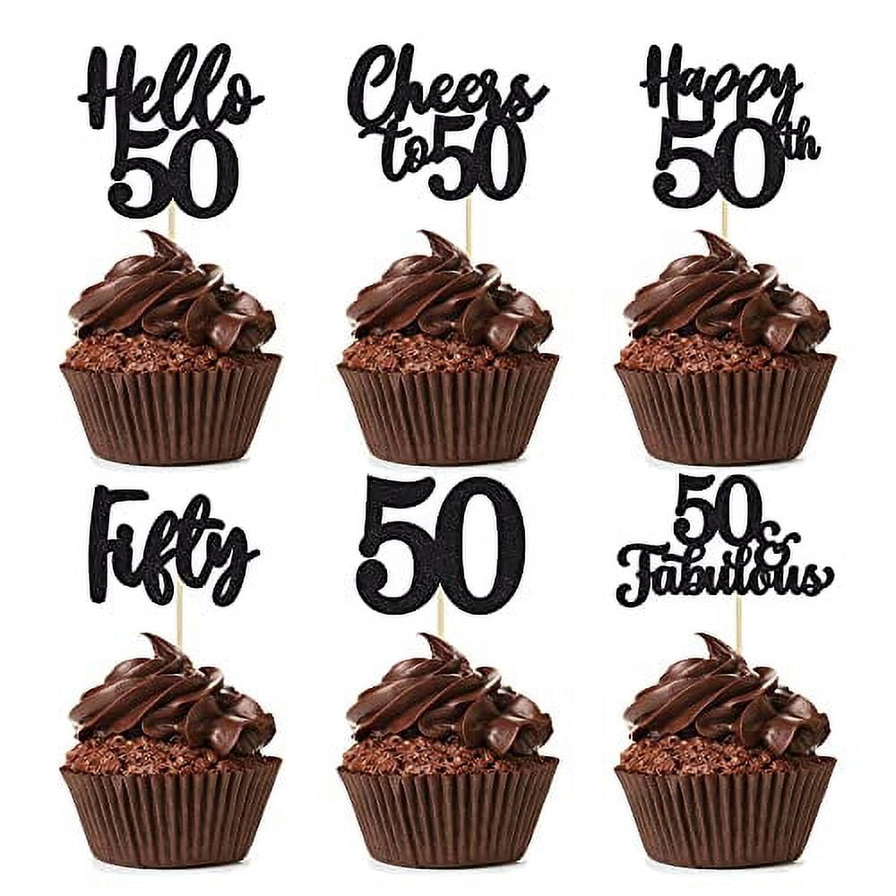 30PCS Black Glitter 50th Birthday Cupcake Toppers - Cheers To 50, 1975 Theme, Party Decorations