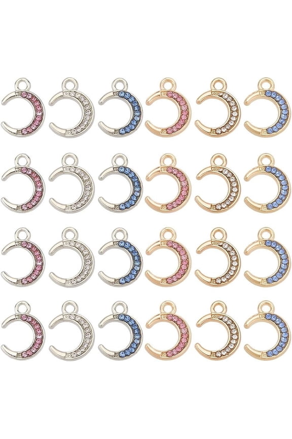 36Pcs 6 Colors Alloy Rhinestone Pendants Moon Charms Mixed Color 16x12x2mm Hole: 1.9mm 6pcs/color creative