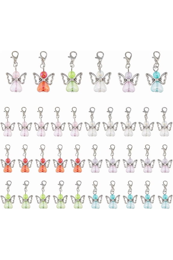 36Pcs 6 Colors Angel Wing Charms Guardian Angel Charms Fairy Dangle Pendants Clip On Charm Colorful Glass Heart Beads Charm with Lobster Clasps for DIY Jewelry Making Crafts Mixed Color