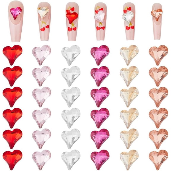 36Pcs 6 Colors Love Shape Nail Charms 3D Heart Glitter Glass Rhinestone Cabochons Back Plated Transparent Craft DIY Nail Patches Nail Art Decorations Nail Studs