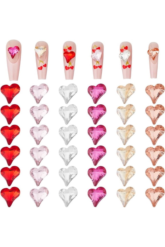 36Pcs 6 Colors Love Shape Nail Charms 3D Heart Glitter Glass Rhinestone Cabochons Back Plated Transparent Craft DIY Nail Patches Nail Art Decorations Nail Studs