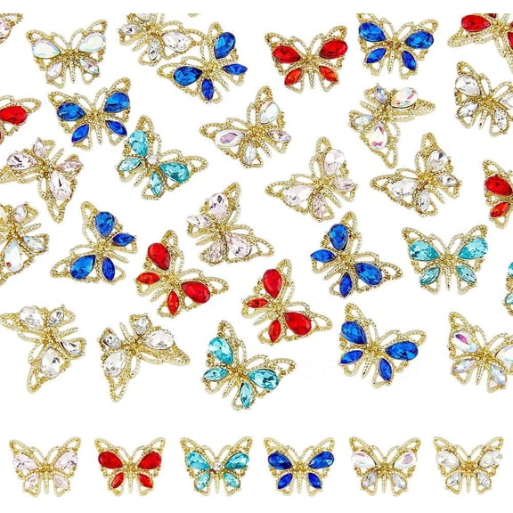36Pcs 6 Colors Rhinestone Butterfly Charms Butterfly Alloy Cabochons Luxury Rhinestone Nail Jewels Butterfly Nail Gems Alloy Nail Charms DIY Nail Art Supplies Manicure Decor