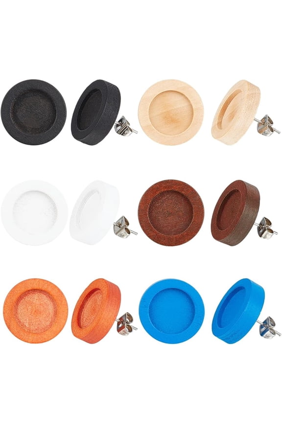 36Pcs 6 Colors Wood Stud Earring Posts 12mm Cabochon Earring Blanks Flat Round Settings Stainless Steel Pins Backs Blank Wooden Stud Earrings Findings for DIY Jewelry Making Supplies DIY Crafts