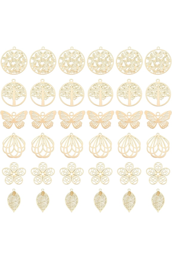 36Pcs 6 Style Gold Botanical Themed Pendant Stainless Steel Filigree Pendants Etched Metal Embellishments Leaf Flat Round Hollow Pendant Charms for Jewelry Making Real 18K Gold Plated