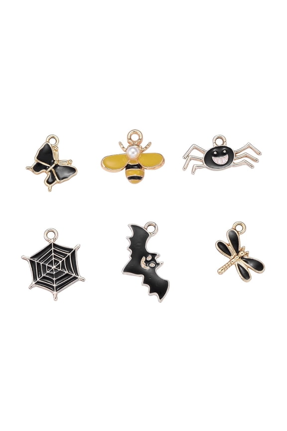 36Pcs 6 Style Light Gold Plated Alloy Pendants with Enamel Butterfly & Bee & Spider & Spider Web & Bat & Dragonfly Shape Black 36pcs/box