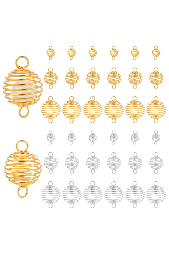 36Pcs 6 Styles 201 Stainless Steel Wire Pendants Spiral Bead Cage Round Charms Golden & Silver 25~50x15~35mm 6pcs/style