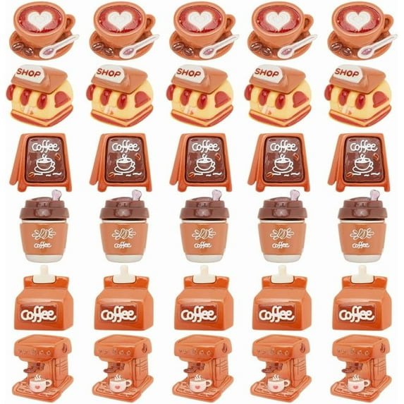 36Pcs 6 Styles Coffee Theme Opaque Resin Decoden Cabochons Coffee Maker/Cup/Signboard/Drink Mixed Color 22~27.5x19~27x6~11mm 6pcs/style