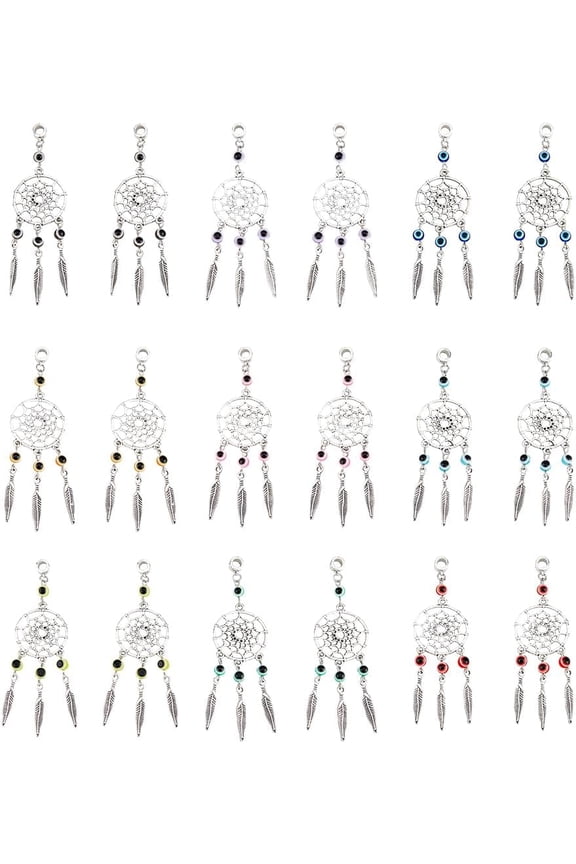 36Pcs 9 Colors Alloy Dream Catcher Charms European Dangle Charms with Plastic Woven Net with Feather Pendant for DIY Bracelet Necklace Jewelry Making Hole: 4.5mm