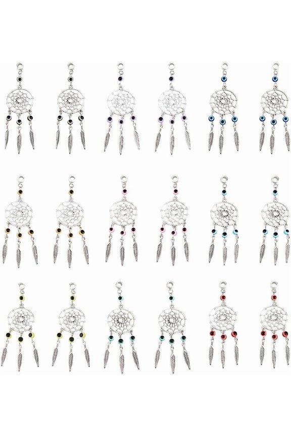 36Pcs 9 Colors Alloy Dream Catcher Charms European Dangle Charms with Plastic Woven Net with Feather Pendant DIY