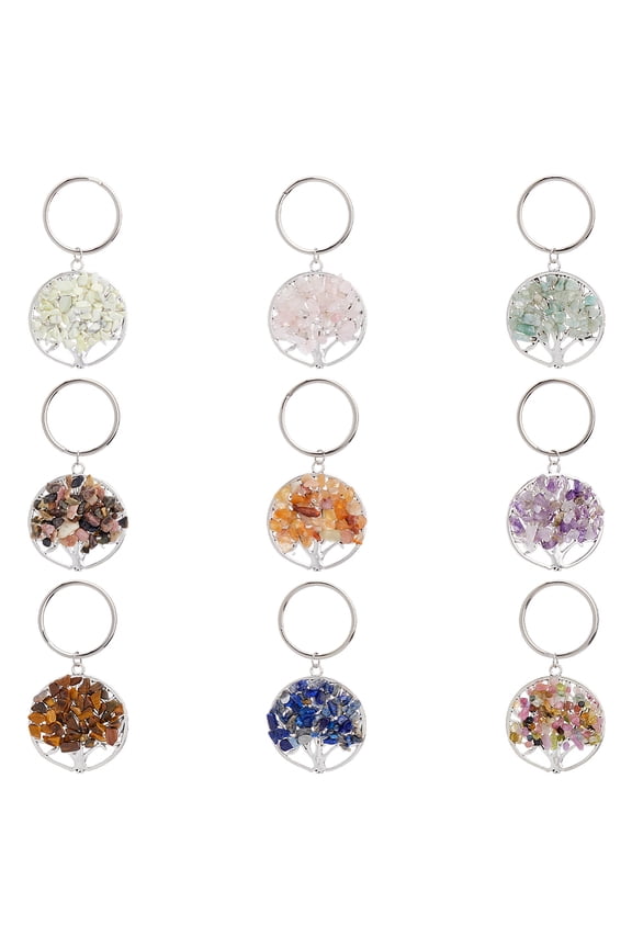 36Pcs 9 Colors Tree of Life Keychain Platinum Tree Key Chain Stone Key Rings Charms Necklace Tree Life Crystals Gemstone Car Keyring