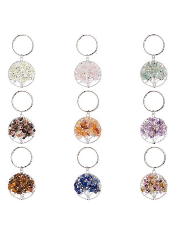 36Pcs 9 Colors Tree of Life Keychain Platinum Tree Key Chain Stone Key Rings Charms Necklace Tree Life Crystals Gemstone Car Keyring