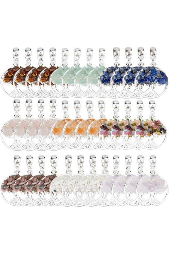 36Pcs 9 Colors Tree of Life Pendants Charms Natural Stone Charm Gemstone Dangle Earring Bracelet Necklace Supplies for Jewelry Making Silver DIY