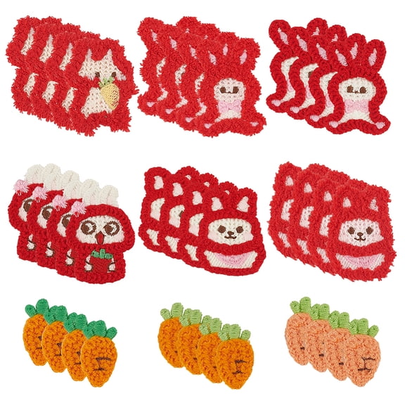 36Pcs 9 Styles Easter Rabbit & Carrot Yarn Knitted Appliques Polyester Computerized Embroidery Cloth Sew on Ornament Accessories Mixed Color 28~61x15~42x3~3.5mm 4pcs/style