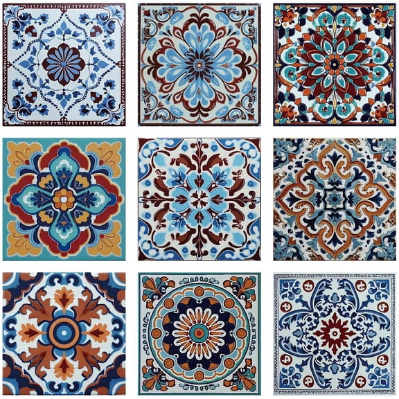 36Pcs 9 Styles Mexican Peel and Stick Tiles 4 x 4 Inch Colorful Tile Stickers Square Flower Pattern Waterproof PVC Decals DIY