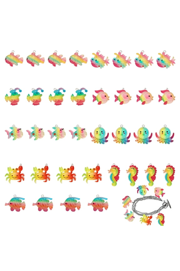 36Pcs 9 Styles Ocean Theme Transparent Resin Pendants with Glitter Powder and Platinum Tone Iron Loops Sea Animal Charm Colorful DIY