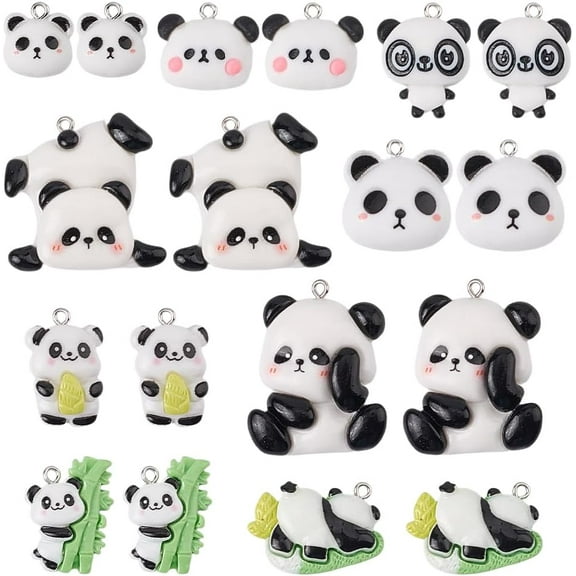 36Pcs 9 Styles Panda Jewelry Charms Animal Resin Pendant Charms Opaque Iron Loop White Chinese Bear Dangle Hanging Pendants Findings