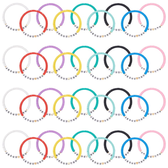 36Pcs 9 Styles Polymer Clay Beads Bracelets for Women Men Word Juses Love You with Acrylic Beads Mixed Color Perimeter: 8-1/2 inch(21.5cm)