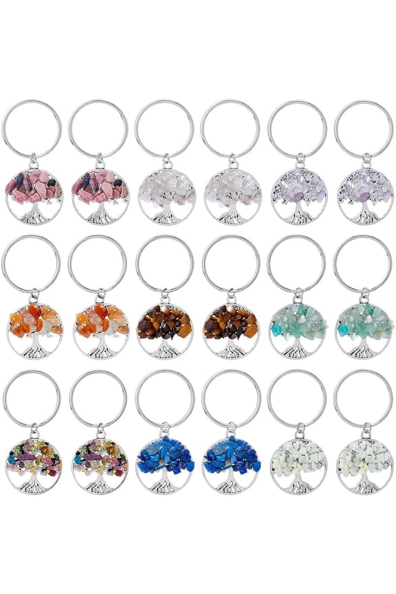 36Pcs 9 Styles Tree of Life Keychain Natural Stones Handmade DIY Keychain Charm Pendant Gemstones Key Chain Charm for DIY Handmade DIY Bag Charms Keyring