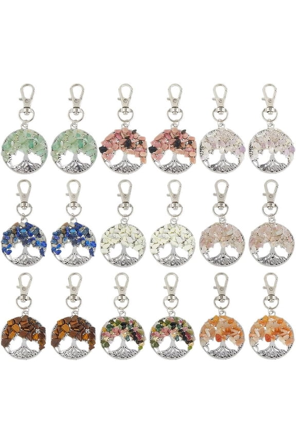 36Pcs 9 Styles Tree of Life Keychains Natural Gemstone Clip on Charms Mixed Stone Chip Key Chain with Alloy Swivel Snap Hooks for Jewelry Keychain Making 7.1cm diy