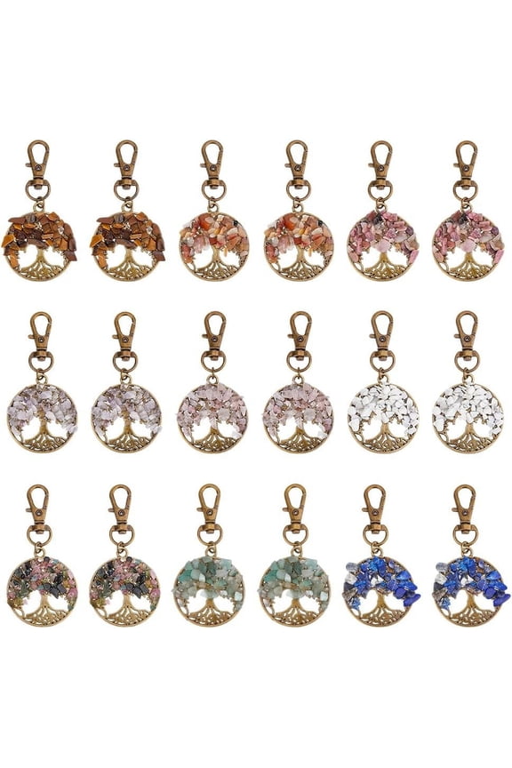 36Pcs 9Styles Tree of Life Pendant Charms Quartz Pendants Gemstone Bronze Keychain