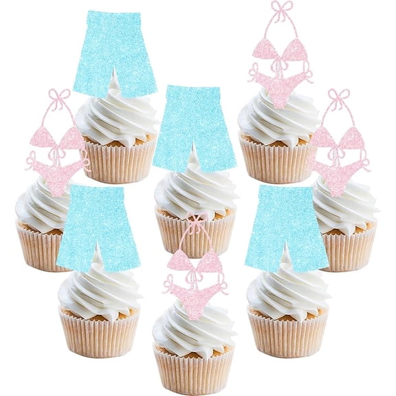 36Pcs Bikinis or Boardshorts Gender Reveal Cupcake Toppers Pink Blue Beach Themed Cupcake Toppers Glitter Cake Decoration for Baby Shower Boy or Girl Gender Reveal Party Decoration Supplies