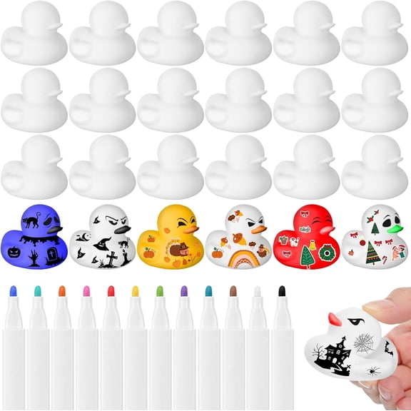 36Pcs Blank DIY Rubber Duck Set with Colored Paintbrushes, Includes 24 Rubber Ducks & 12 Paint Markers, Mini White Rubber Ducks for Bathtub Pool Summer Beach Birthday Party Painting Gifts