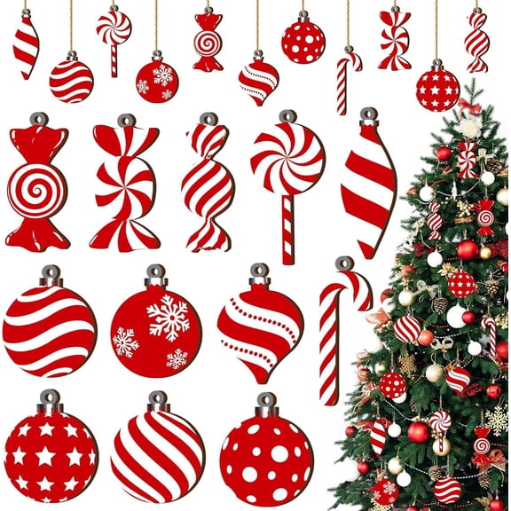 36Pcs Christmas Candy Lollipop Ornaments Set for Xmas Tree Decoration Wooden Hanging Peppermint Candy Cane Pendants for New Year Home Decor Party Supplies
