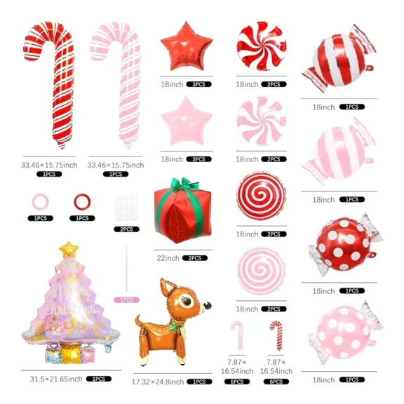 36Pcs Christmas Candy Theme Balloons Foil Mylar Big Candy Cane Tree Reindeer