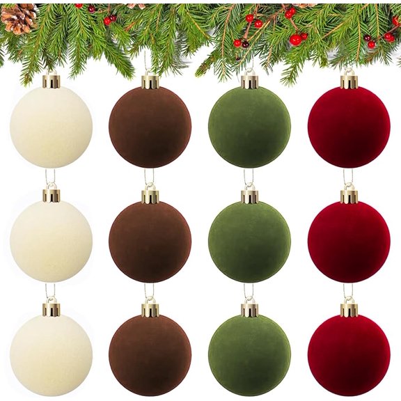 36Pcs Christmas Ornaments-12Pcs Flocked 2.38" Velvet Christmas Balls Hanging & 24Pcs 5" x7" Bows for Xmas Tree Wreath Garland Holiday Party Wedding Xmas Decorations Indoor