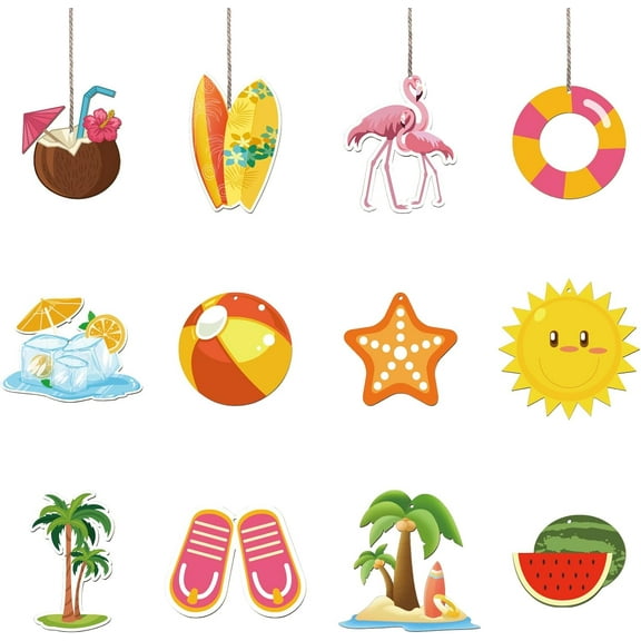 36Pcs Christmas Tree Ornaments Wooden Pendant Decorations Summer Beach Small Wood Hanging Ornaments Tags Wooden Slices Ornaments Tree Decor with String for Luau Hawaiian Party Supplies
