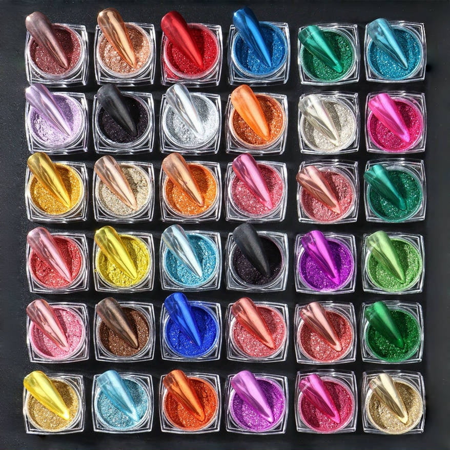 36Pcs Chrome Nail Powder,Metallic Chrome Nail Powder Set,Metallic Mirror Nail Powder Set,Nail Art Glitter Decoration Metallic Mirror Effect Holographic Powder 1g/Jar For Nail Art Manicure Accessories