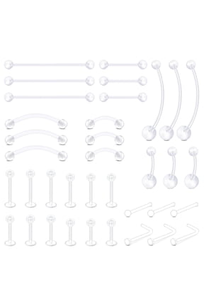 36Pcs Clear Piercing Retainers for Nipple Tongue Nose Septum Eyebrow Belly Earrings Tragus Helix Cartilage Industrial Lip Labret Rings Stud