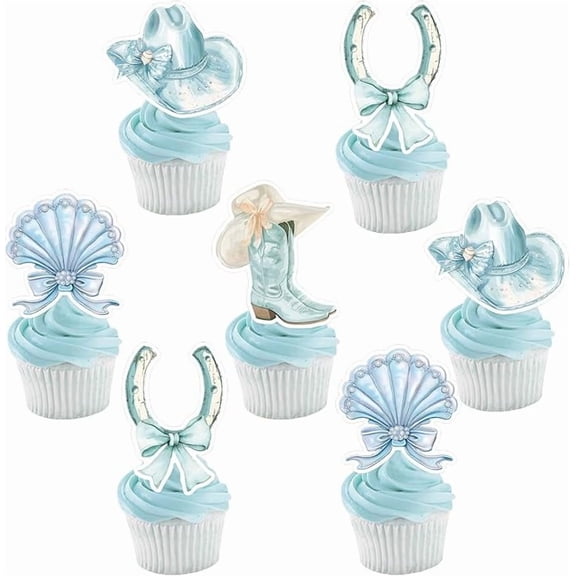 36Pcs Coastal Cowgirl Cupcake Toppers Coastal Cowgirl Bachelorette Party Decoration Blue Shell Boots Hat Cake Decor for Last Toast on the Coast Western Cowgirl Engagement Bridal Shower Party Supplies