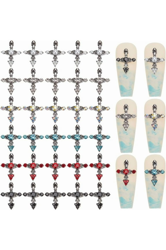 36Pcs Cross Nail Charms 3D Luxury Nail Gems Set 6 Colors Rhinestone Metal Alloy Flat Gothic Vintage Punk Studs Decor for Women Nail Art DIY Crafts Jewelry Christmas Decor Cellphone