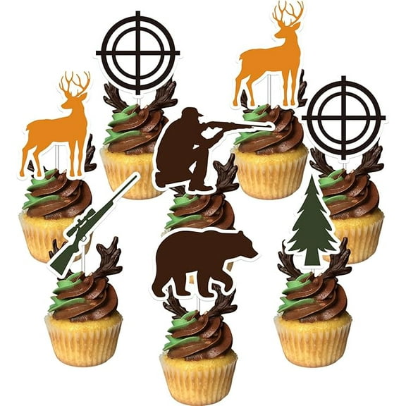 36Pcs Deer Hunting Camo Cupcake Toppers Gone Hunting Cupcake Picks Deer Hunting Birthday Party Decor Double-Sided Printing Oh Deer Hunt Cake Decoration for Kids 1st 2nd 3rd Birthday Baby Shower Party