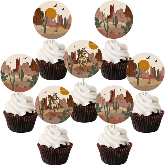 36Pcs Desert Cupcake Toppers for Desert Cactus Baby Shower Decorations Arizona Wedding Western Cowboy Horse Birthday Party Supplies