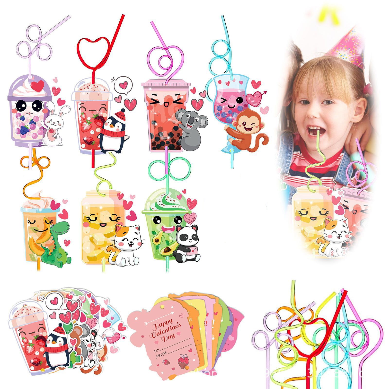 Valentine's Day Cards For Kids With Crazy Loop Straws - 30 PCS Classroom Party Favor Set - View #9