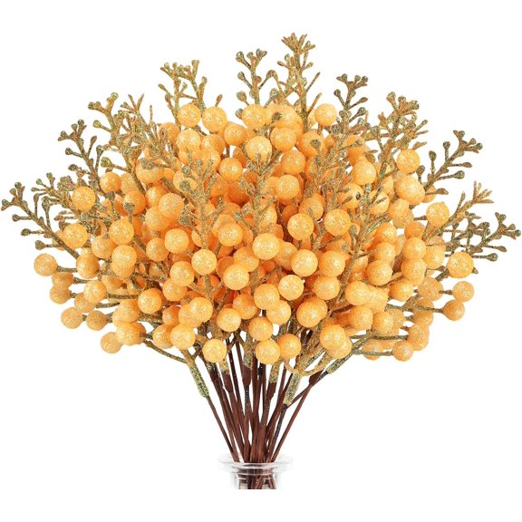 36Pcs Fall Glitter Berries Stems, Orange 9.5 Inch Artificial Tree Picks for Autumn Tree Decorations Ornaments DIY Crafts Vases Holiday Wedding Home Decor
