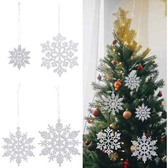36Pcs Glitter Christmas Snowflake Plastic Hanging Ornaments with 36Pcs Cord for Party Decorations Silver 50~105x2~2.5mm Craft Supplies