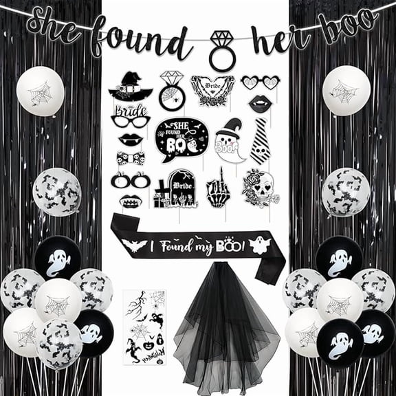 36Pcs Halloween Bachelorette Party Decor She Found Her Boo Banner I Found My Boo Sash Halloween Tattoos Veil Photo Props Fringe Bride or Die Spooky Decor for Gothic Bridal Shower Wedding