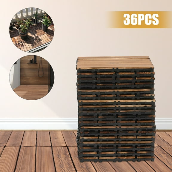 36Pcs Hardwood Interlocking Patio Deck Tiles Wood Flooring DIY Outdoor 12''x12'' Installed on Cement Grounds, Stone Grounds,etc