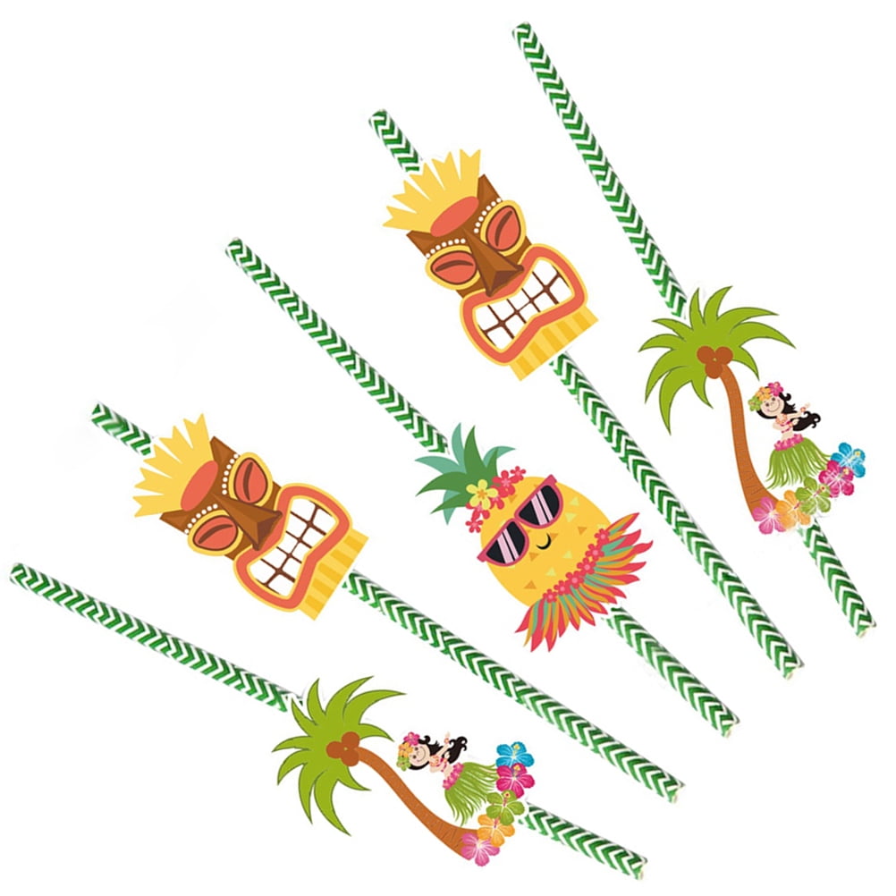 36Pcs Hawaiian Party Paper Straws Tropical Striped Decorative Straws Tree Drinking Straws Fruit Straws Hawaiian Beach Cocktail Luau Party Supplies