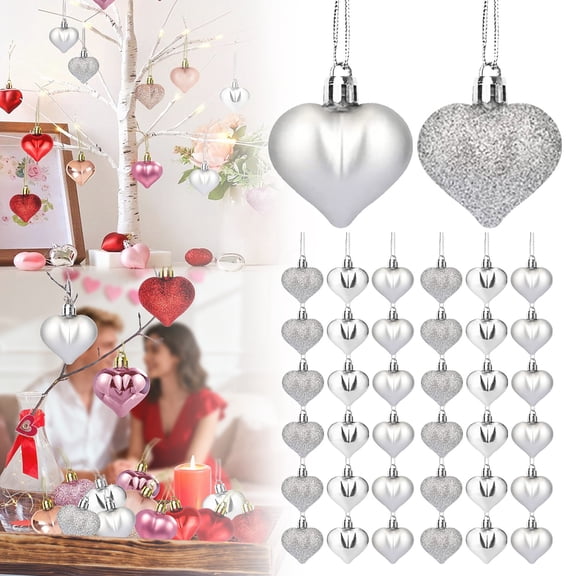 36Pcs Heart Ornaments Valentines Day Decorations Red Pink Silver Glitter Valentines Ornaments for Tree Hanging Heart Shaped Ornament for Wedding Anniversary Party Supplies,Silver