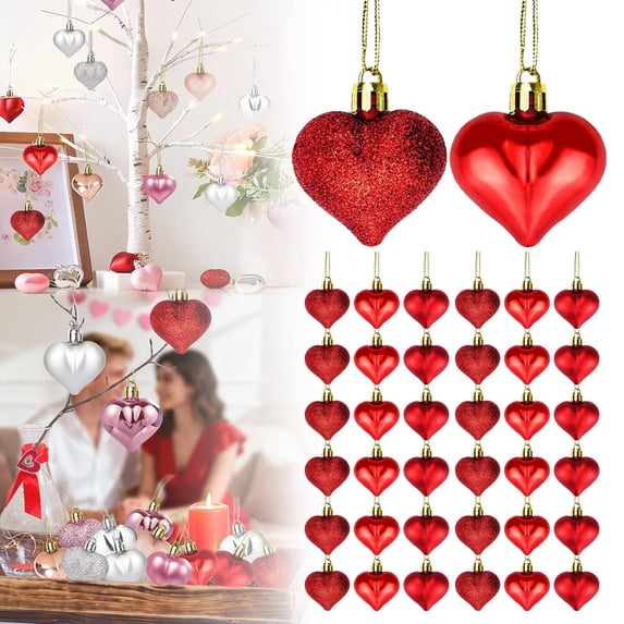 36Pcs Heart Ornaments Valentines Day Decorations Red Pink Silver Glitter Valentines Ornaments for Tree Hanging Heart Shaped Ornament for Wedding Anniversary Party Supplies,Red