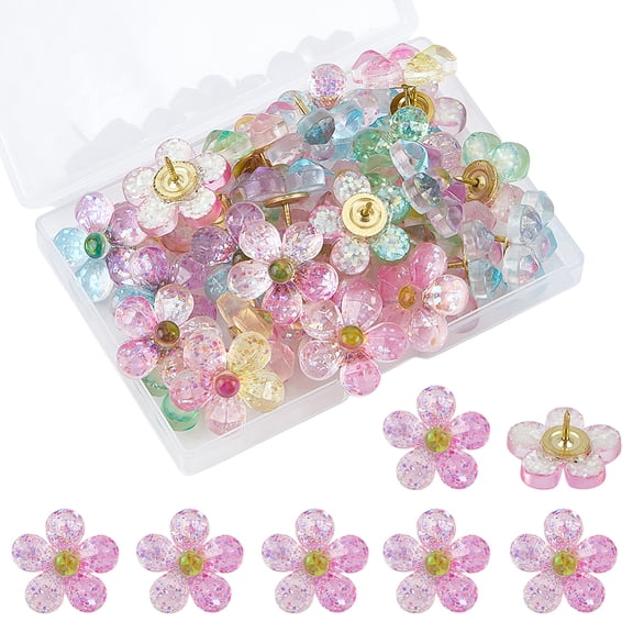 36Pcs Iron Drawing Pins with Resin Flower Mixed Color 20mm