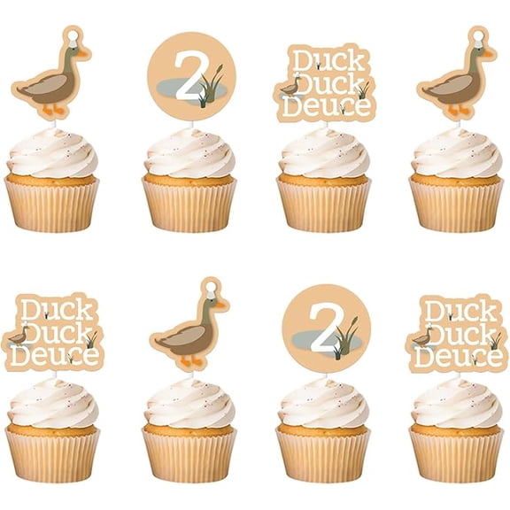 36Pcs Mallard Duck 2nd Birthday Cupcake Toppers Duck Duck Deuce Birthday Decorations Duck Hunting Cake Decor Double-Sided Printed for Duck Themed 2nd Birthday Party Decor Supplies