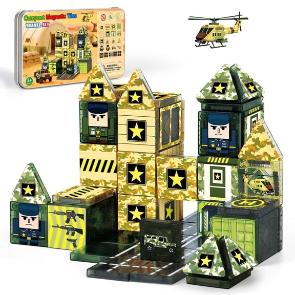 36Pcs Mini Military Theme Building Blocks Set, Portable Army Style Playset with Metal Storage Box for Boys Girls Daily Play