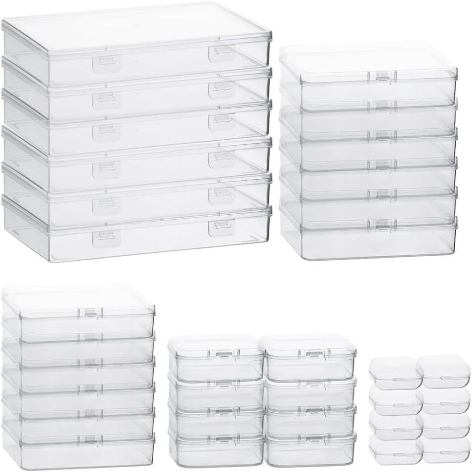 36Pcs Mixed Sizes Plastic Rectangular Small Storage Containers Clear Empty Mini Organizer with Hinged Lid for Small Tiny Items, Beads Boxes for Art Craft Jewelry Projects