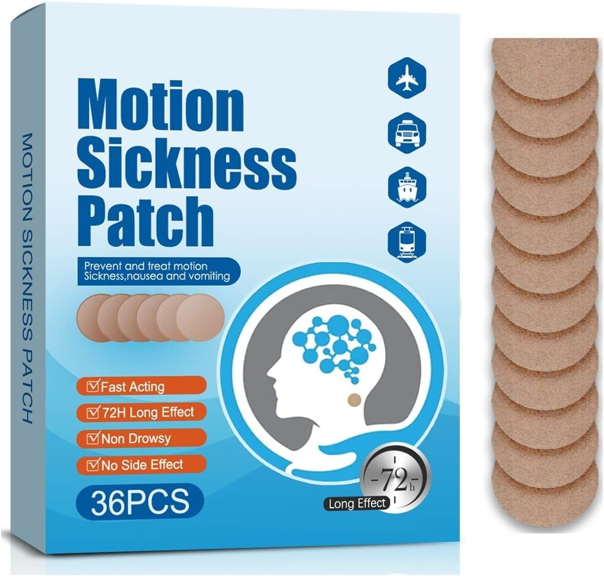 36Pcs Motion Sickness Patches Non Drowsy, Sea Sickness Patch Behind Ear for Cruise Ship Travel