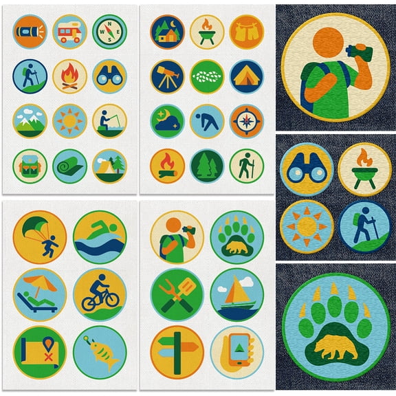 36Pcs Outdoor Camping Water Soluble Hand Sewing Stabilizers 8.3"x11.7" Colorful Round Embroidery Pattern Stabilizer 4 Sheets Hiking Adventure Stick